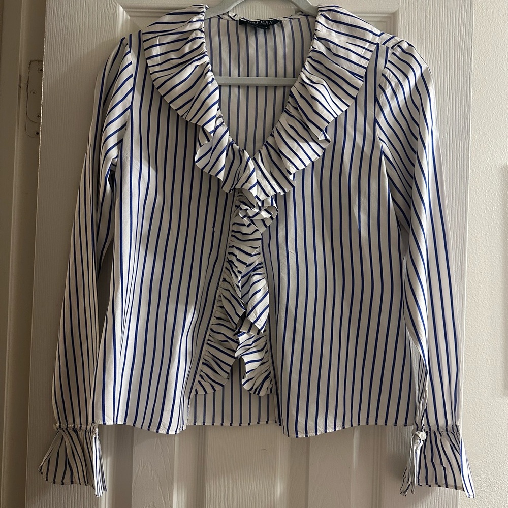 Vintage Ralph Lauren 100% Silk White Blouse with Blue Stripes & Ruffle Front